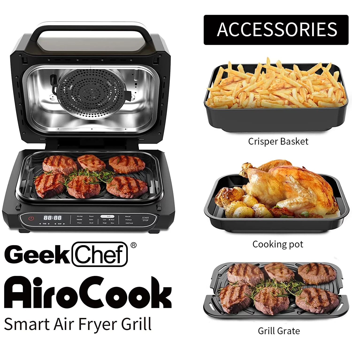 Smart Air Fryer Indoor Grill Combo, 7-in-1 Baking Oven Roastor Cooking Pan Food Dehydration Smokeless & Oilless Cooker, Electric Countertop Griddle, E-Recipes & Accessories, ETL Certified, Black