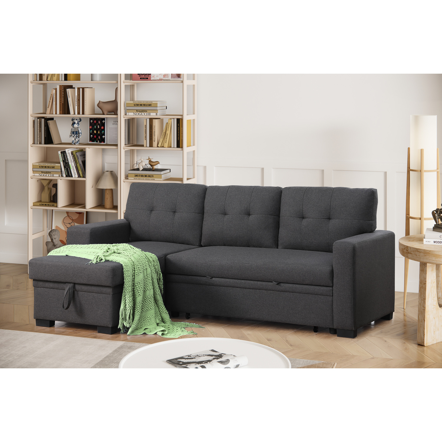 HomeStock Fabric Reversible Modern Side Compartment Sleeper Sectional Sofa Bed-Dark Gray