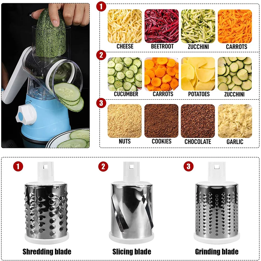 Jahyshow Multi-Functional Cheese Grater - Durable Rotary System with 3 Steel Barrels