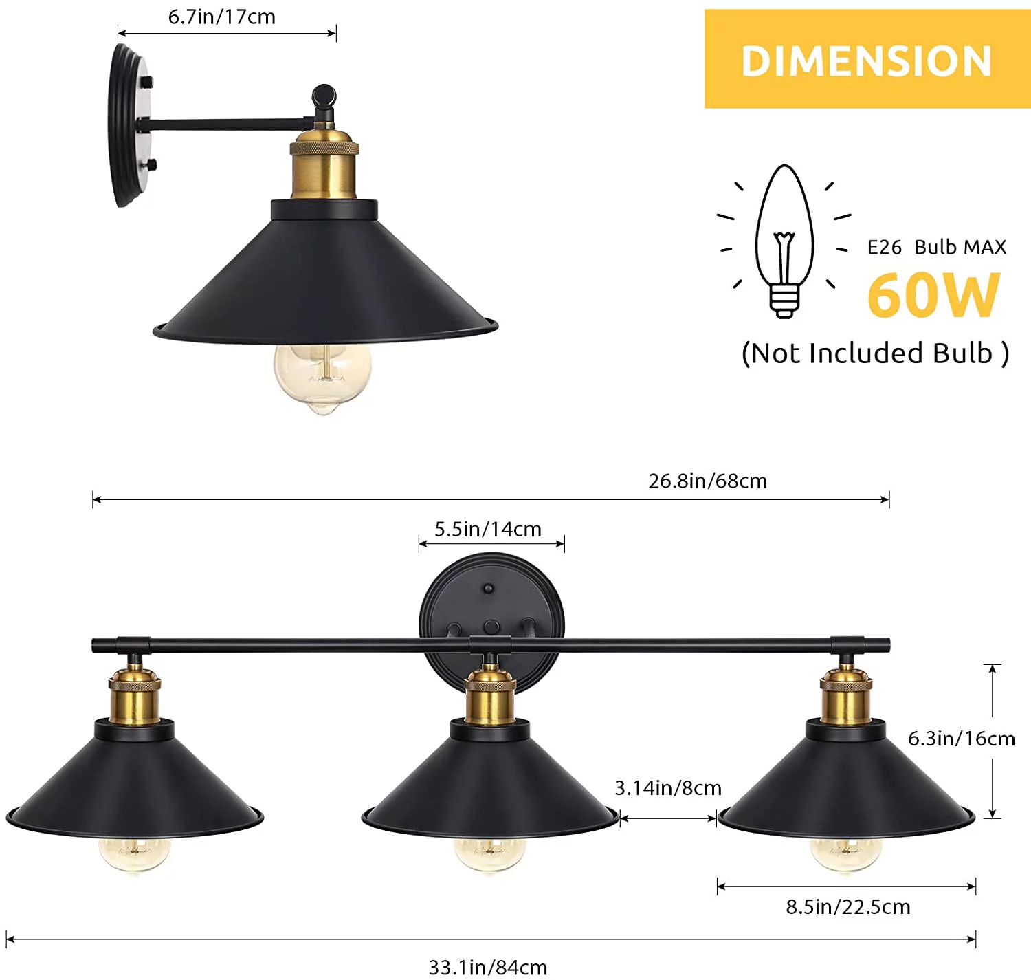 Oumilen Adult Formhouse 3 Light Wall Mount Plug-in Wall Sconces, Black, HT-RTH51-27
