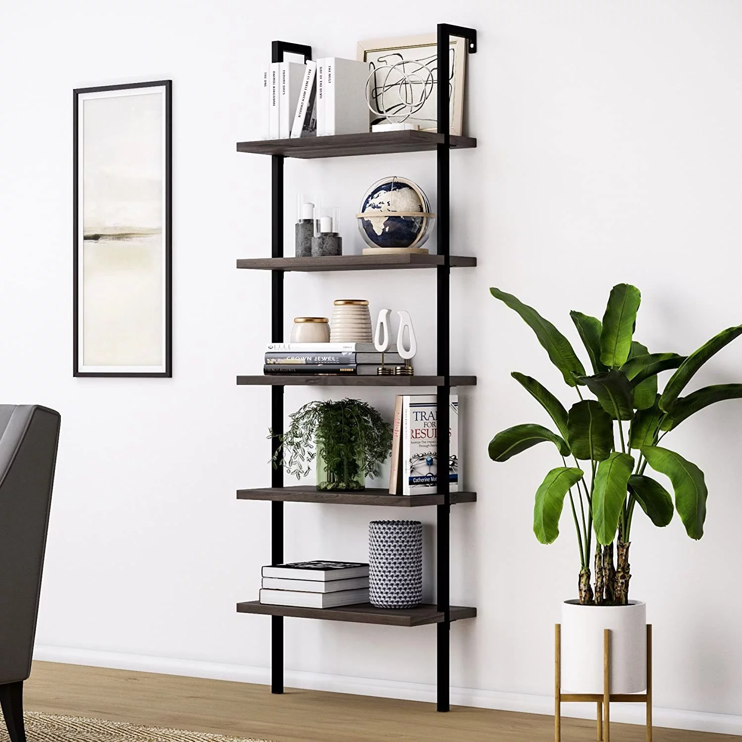 5 Tier Ladder Shelf Open Wall Mount Ladder Bookshelf Storage Organizer with Metal Frame for Bedroom Living Room Office