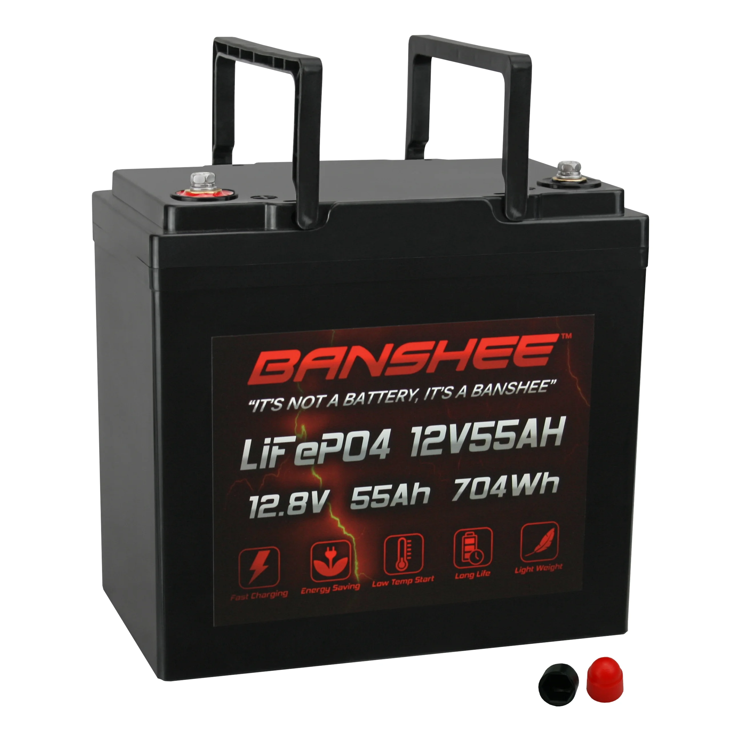 Banshee Li-Iron LiFePO4 12V 55AH Rechargeable Lithium Battery 1280 Wh with Built in BMS Deep Cycle Battery with M6 Insert Terminals