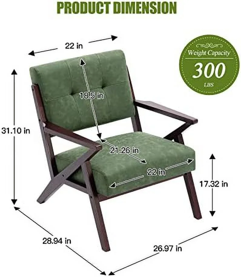 TJUNBOLIFE Mid-Century Retro Modern Solid Wood Armrest Accent Chair  Faux Leather Tufted Slanted Back Upholstered Lounge Armchair  Comfortable All Foam Living Room Chair  Green PU