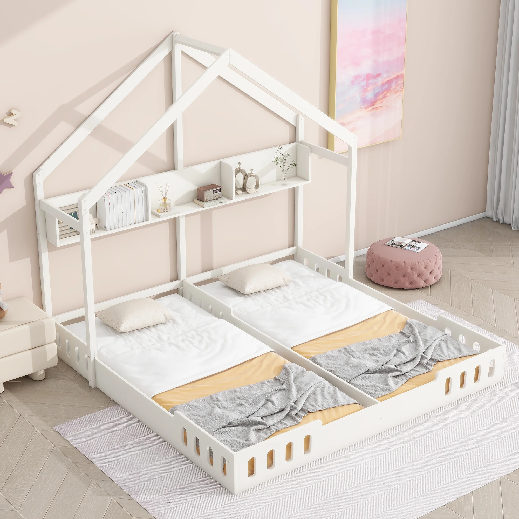 Euroco Wood Twin Size House Bed with Shelf, 2 Platform Beds with Storage for Kids, Creamy White
