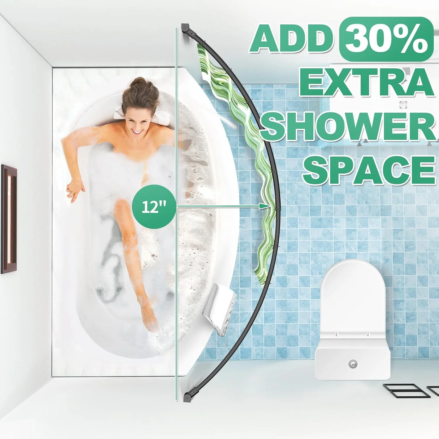 Adjustable Arched Curved Shower Curtain Rod Rustproof Expandable Aluminum Metal Shower Rod 38-72 Inches Telescoping Design Exquisite Customizable for Bathroom,Need To Drill,Black