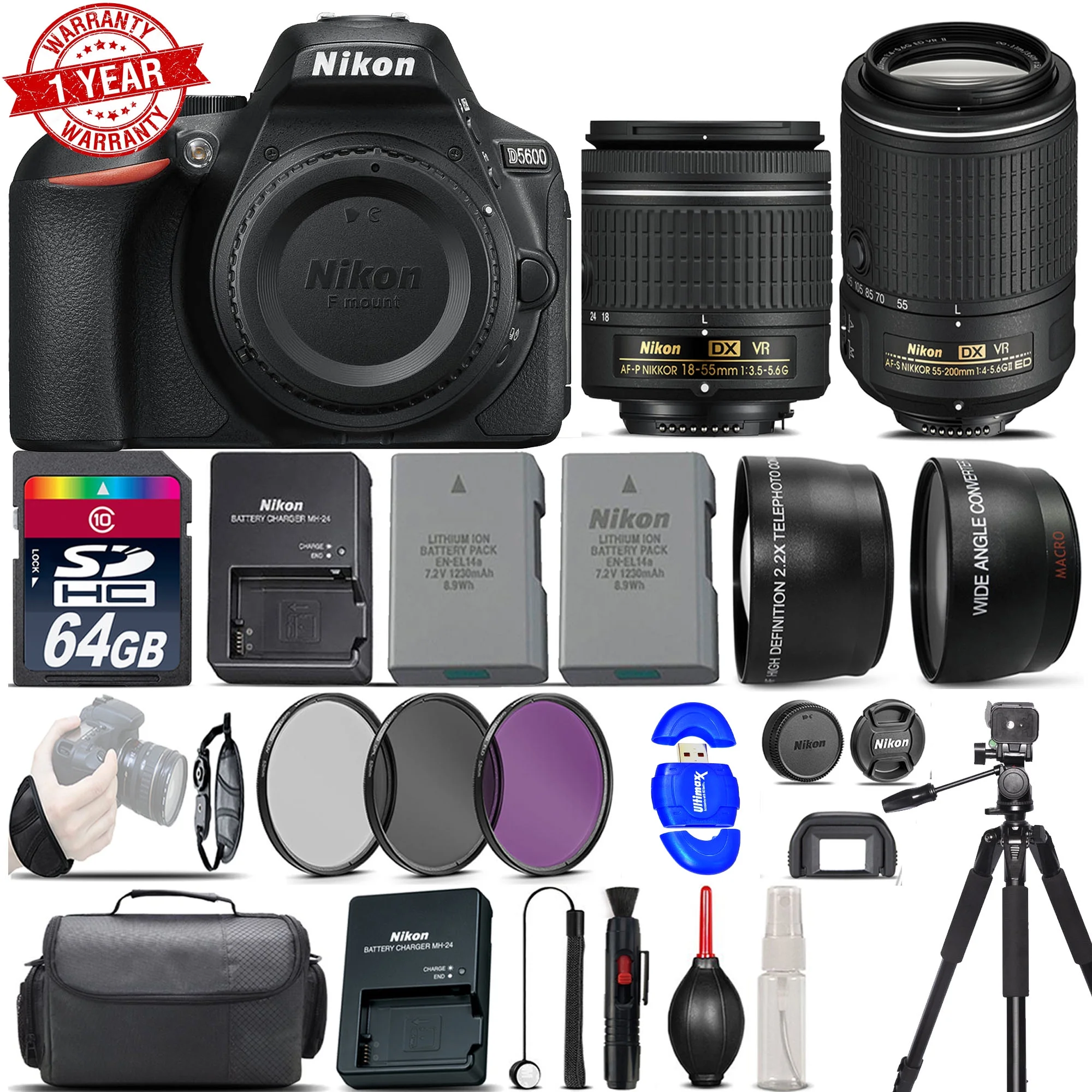 Nikon D5600 Digital SLR Camera + 18-55mm VR + 55-200mm VR II + EXT BATT + 64GB