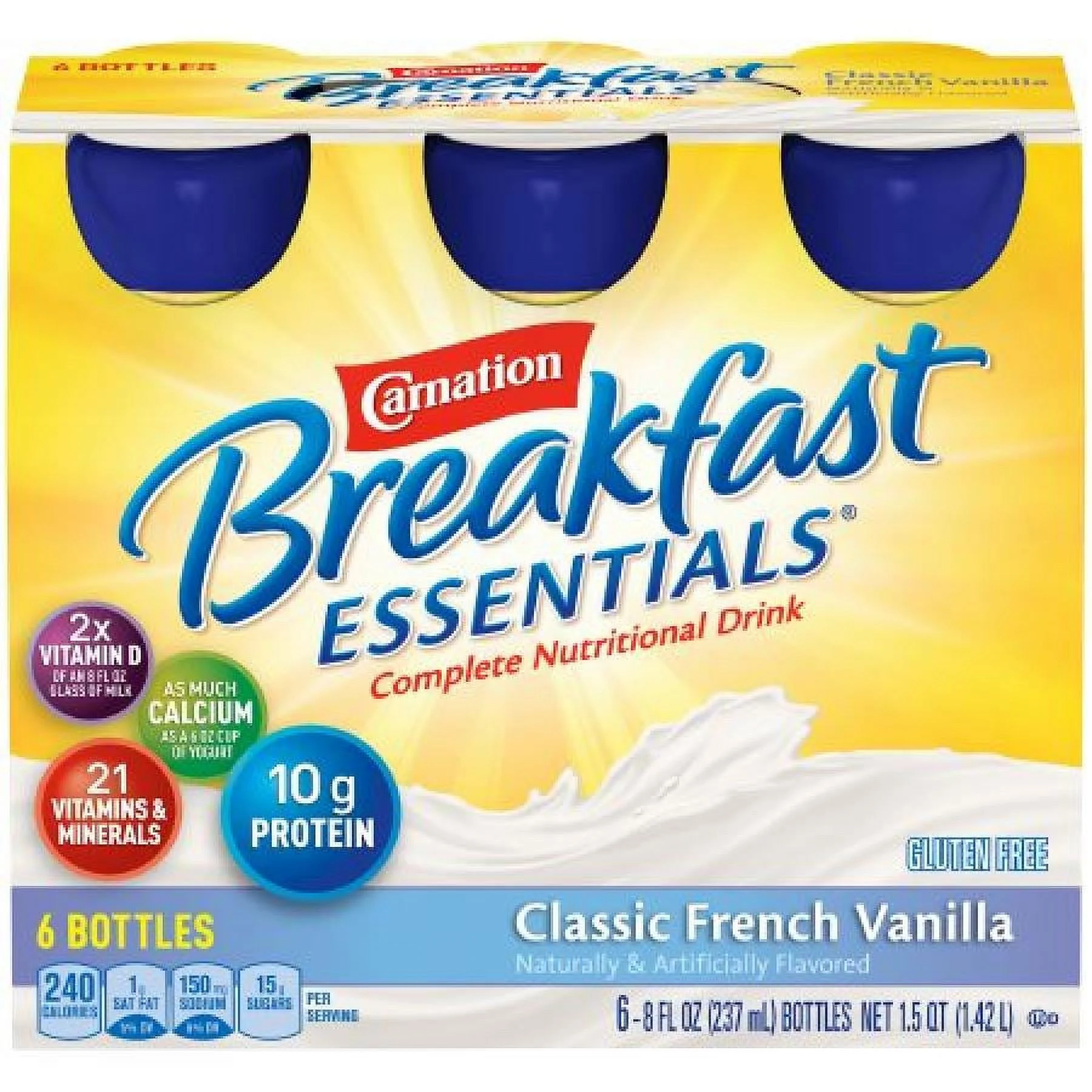 Carnation Breakfast Essentials Complete Nutritional Drink, Classic French Vanilla, 8 ounce Bottle, 240 Calories per Serving, 6 Count