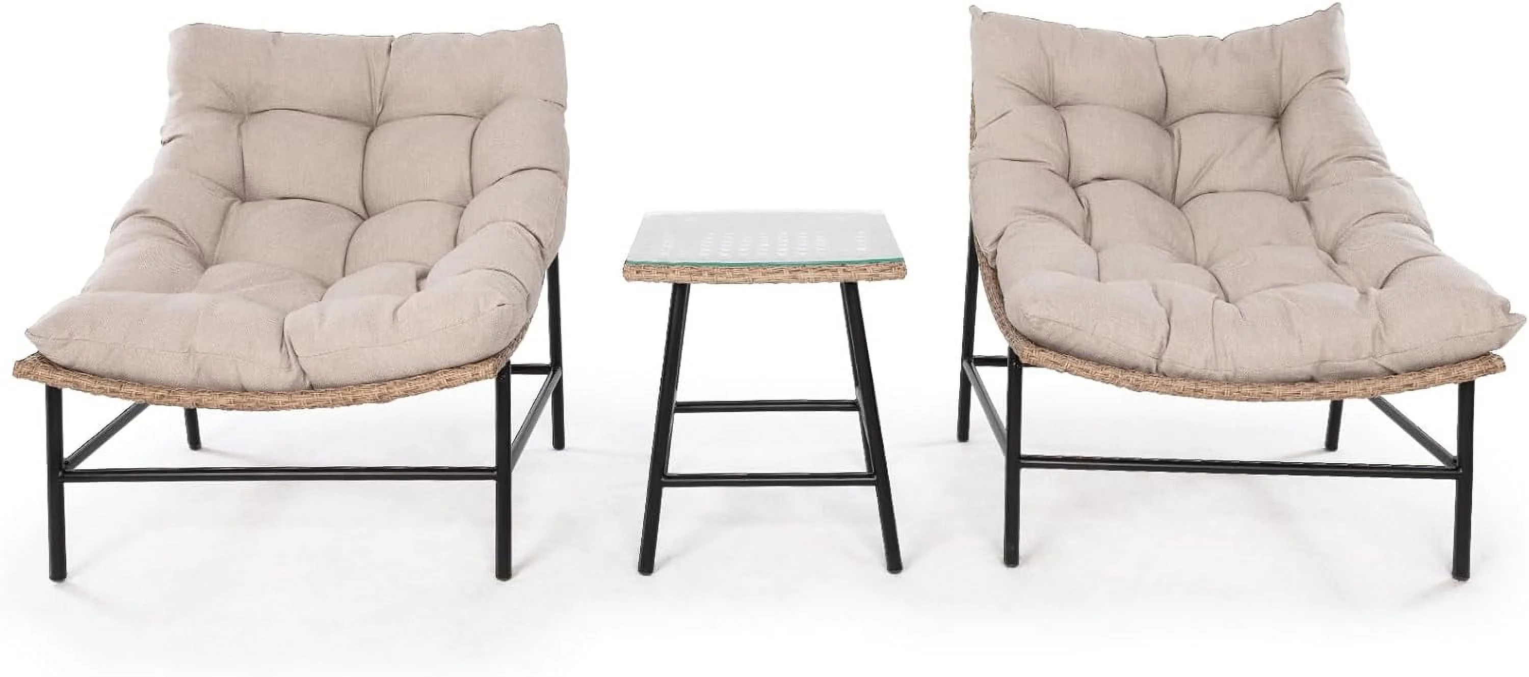 Idzo Large Papasan Patio Scoop Chair Set of 2 with Glass Side Table, Premium Olefin Thick Cushion