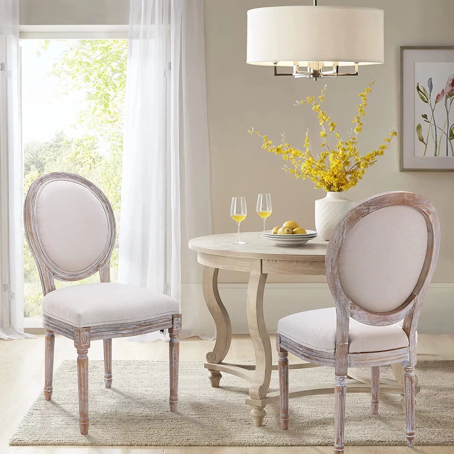 OUWI French Country Dining Chairs Set of 4, Upholstered Farmhouse Dining Room Chairs with Round Back, Solid Wood Legs, Accent Side Chairs for Kitchen/Living Room/Bedroom- Beige