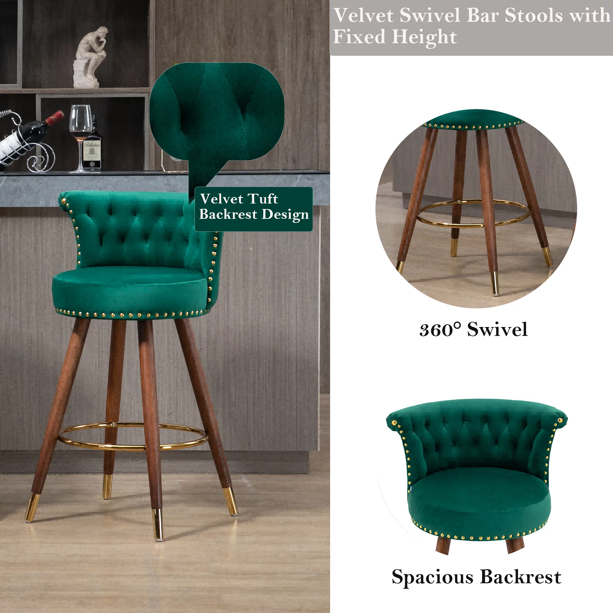 Upholstered Bar Stools, Tufted Counter Height Bar Stool Chairs with Solid Wood Legs Kitchen Island Padded Barstools with Nailhead Trim and Footrest High Chairs(Emerald,Set of 2)