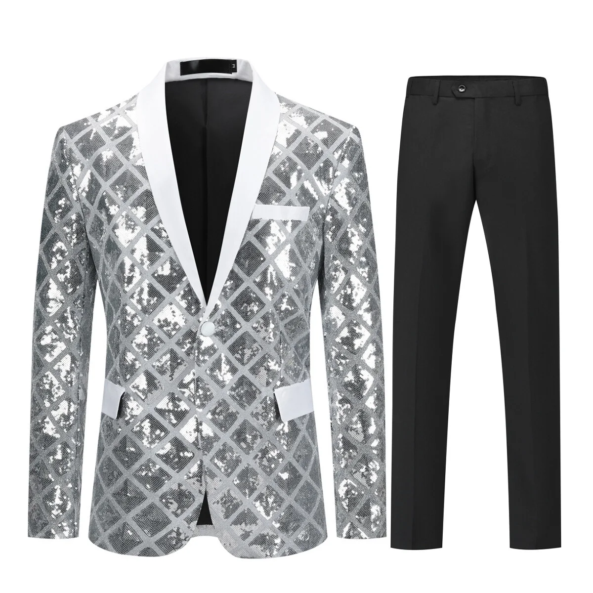 Cloudstyle Men's 2Pcs Suit Single-breasted 1 Button Plaid Sequin Blazer And Black Pants