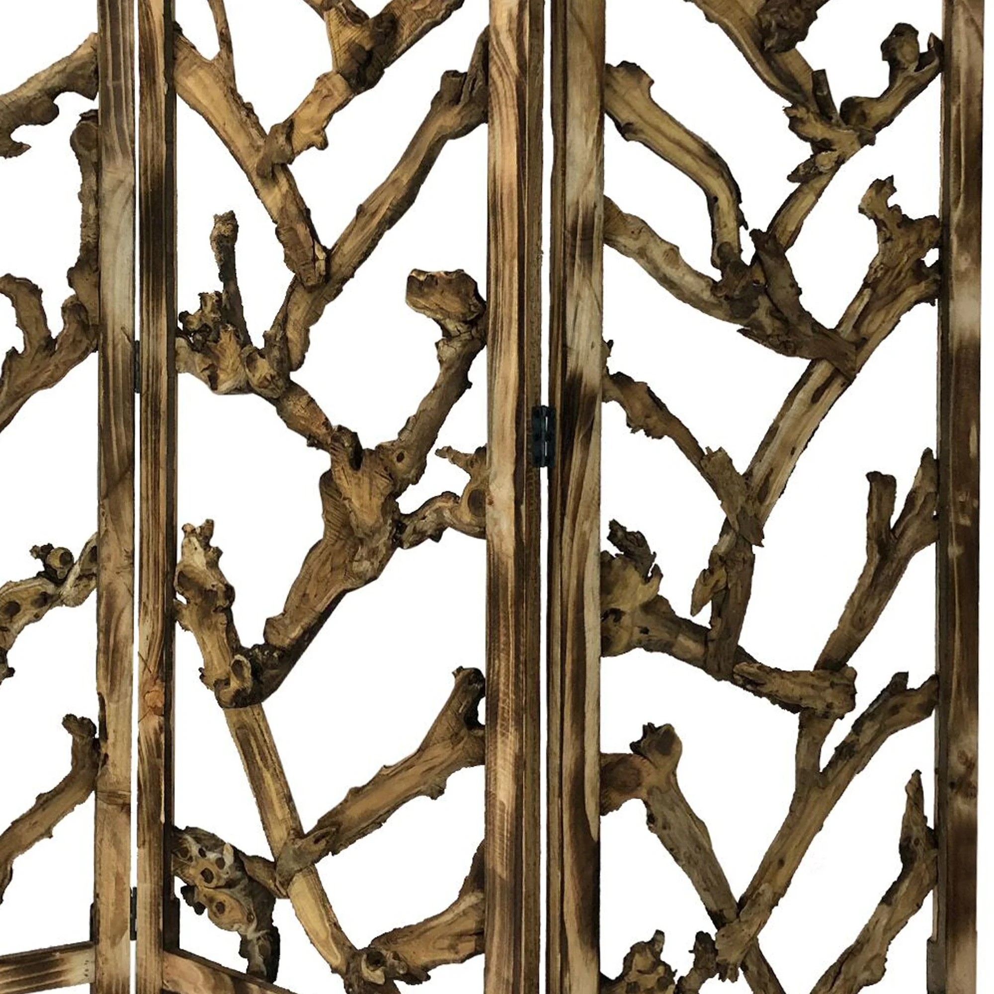 Benjara 72 Inch 3 Panel Screen Divider, Rustic, Mulberry Branch Design, Brown