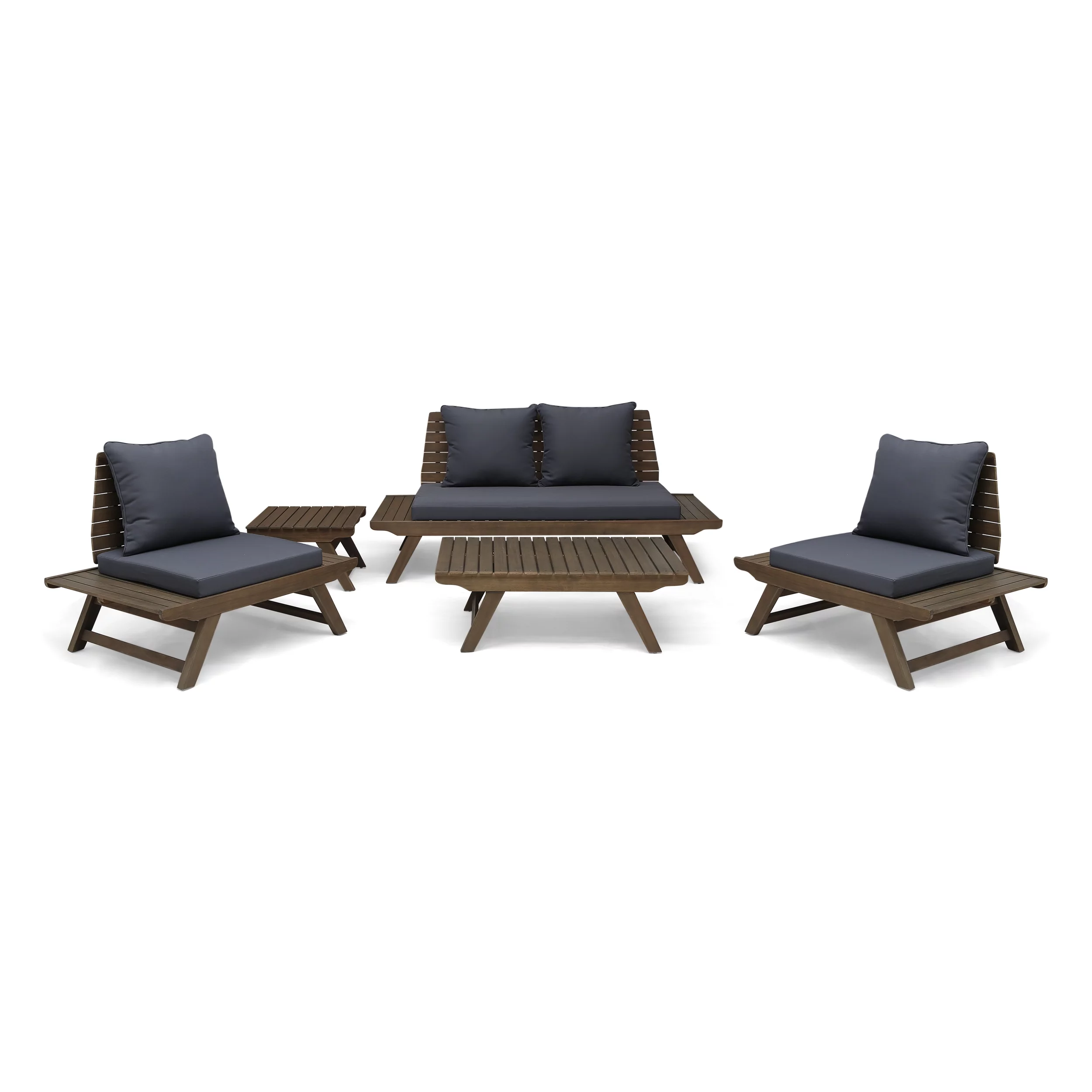 Ledger Outdoor Acacia Wood 4 Seater Chat Set with Side Table and Coffee Table, Gray and Dark Gray