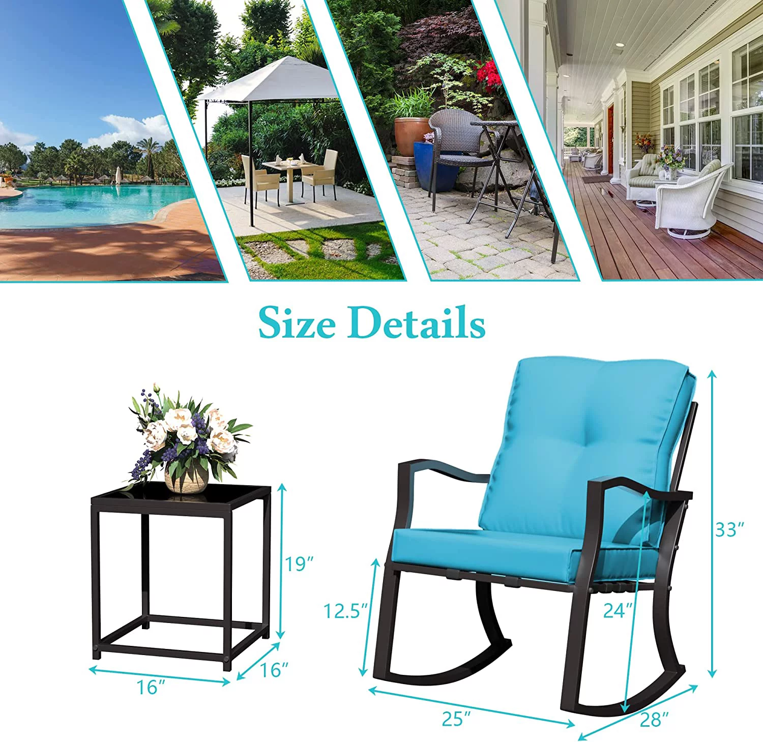 ALAULM 3 Piece Outdoor Rocking Chairs Patio Bistro Sets Modern Patio Furniture Set Conversation Sets with Coffee Table & 2 Blue Thickened Cushions