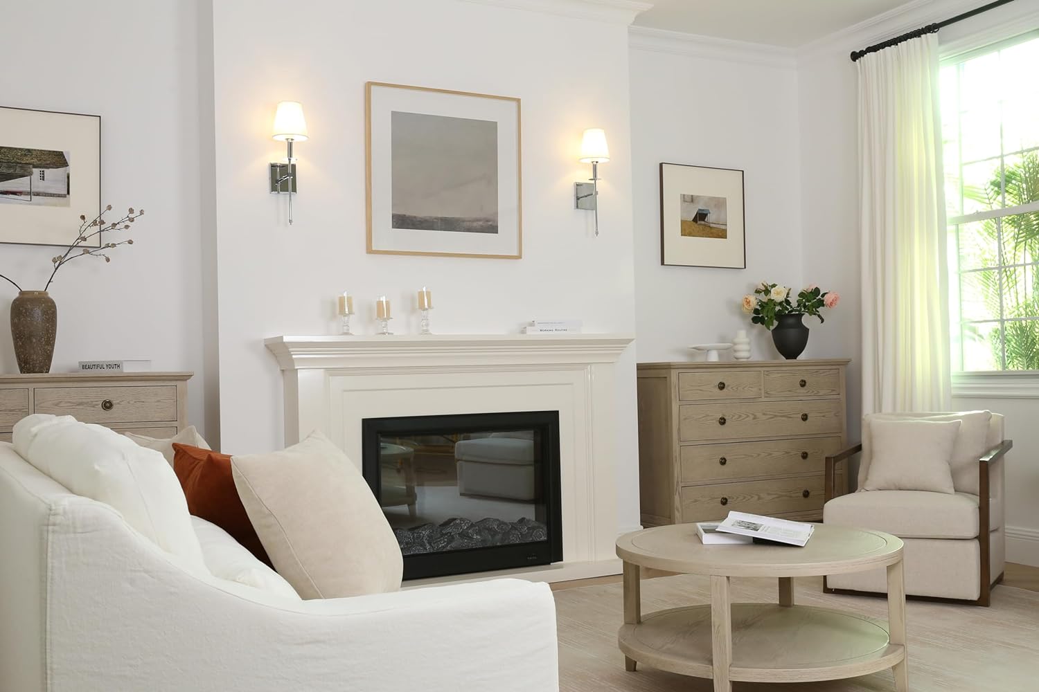 QINBI Set of 2 Classic Rustic Industrial Wall Sconce Lighting Fixture with Flared White Textile Lamp Shade and Antique Brass Tapered Column Stand