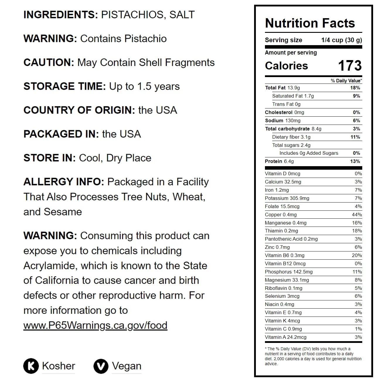 Dry Roasted Pistachio Kernels with Himalayan Salt, 3 Pounds — Kosher, Vegan — by Food to Live