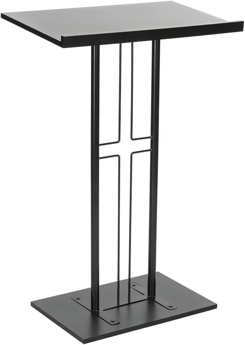 Displays2go LCTPCRSBLK Cross Podium, Floor Standing Pulpit, Slanted Top, Steel with Wood Base, Black