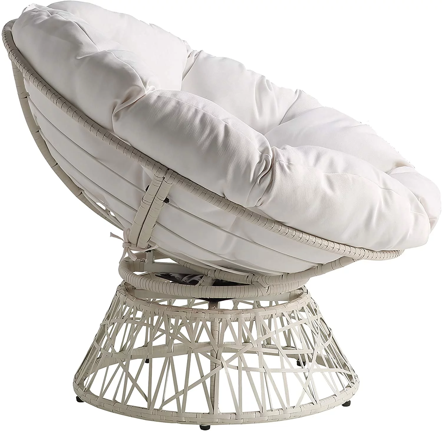 HYUN Wicker Papasan Chair with 360-Degree Swivel, White Frame with White Cushion