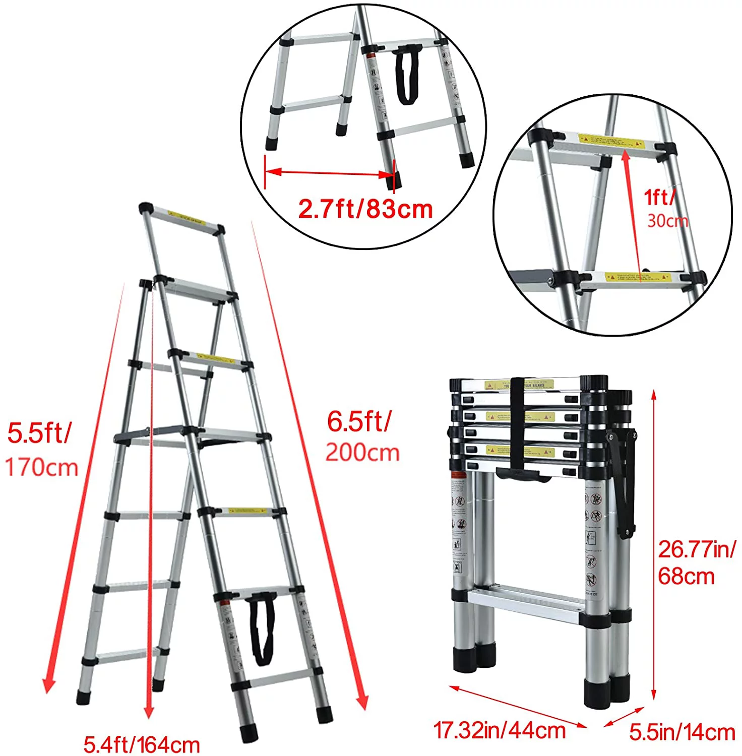 5+6 Step Telescoping Ladder, A-Frame Aluminum Extension Ladder Lightweight Portable Folding Ladder, Multi-Purpose Adjustable Ladders, Max Load 330lbs, 5.4ft Vertical Height