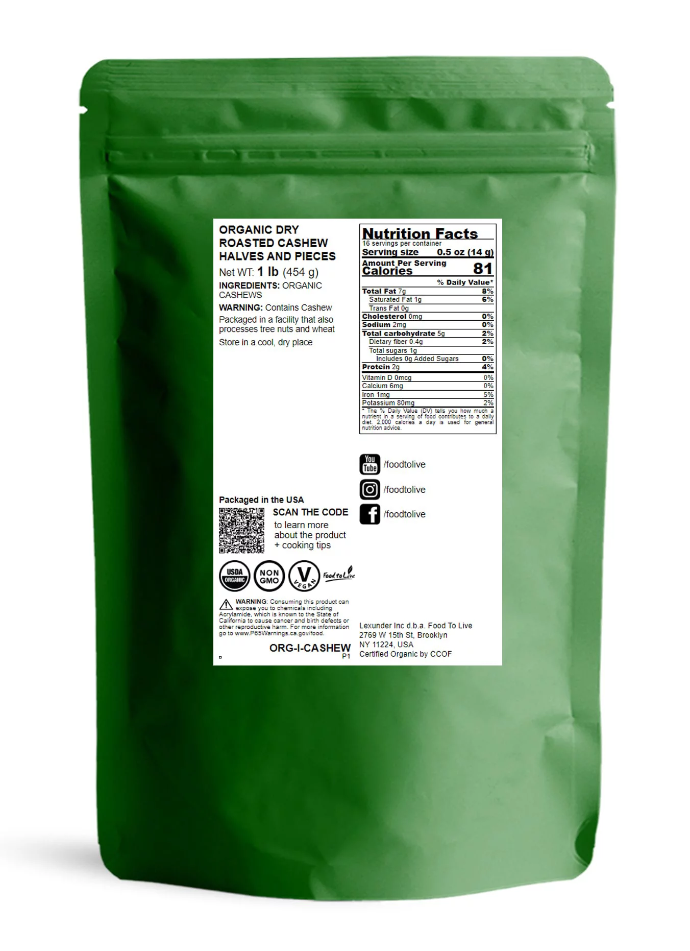 Organic Dry Roasted Cashew Halves and Pieces, 1 Pound – Unsalted, Non-GMO, Vegan-Friendly