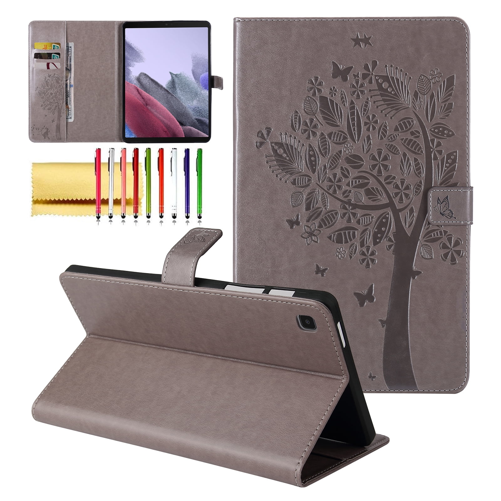 for Samsung Galaxy Tab A7 Lite 8.7 Inch 2021 Model (SM-T220/T225/T227) Case, Embossed Cat & Tree PU Leather Retro Shockproof Magnetic Clasp Wallet Card Slots Folio Kickstand Cover, Gray