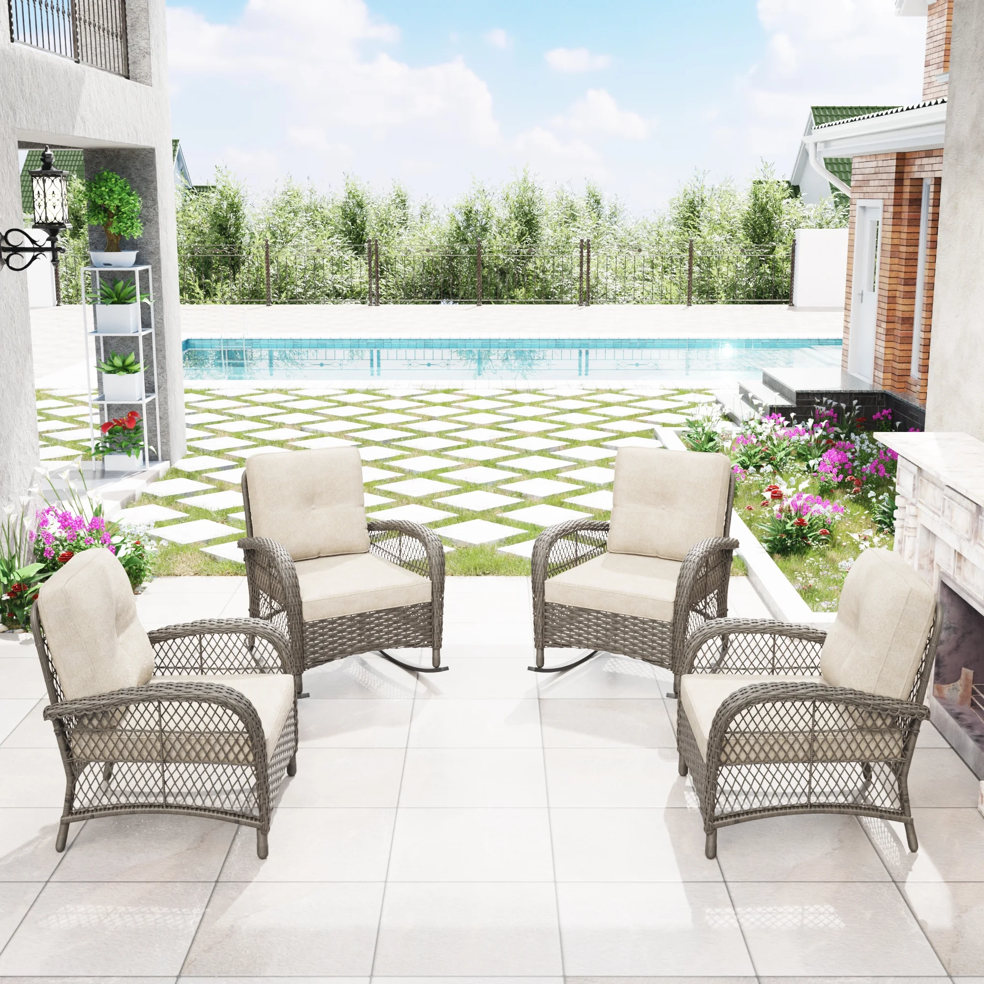 MeetLeisure 4-Piece Outdoor Wicker Chairs, Including 2 Armchairs and 2 Rocking Chairs, Beige