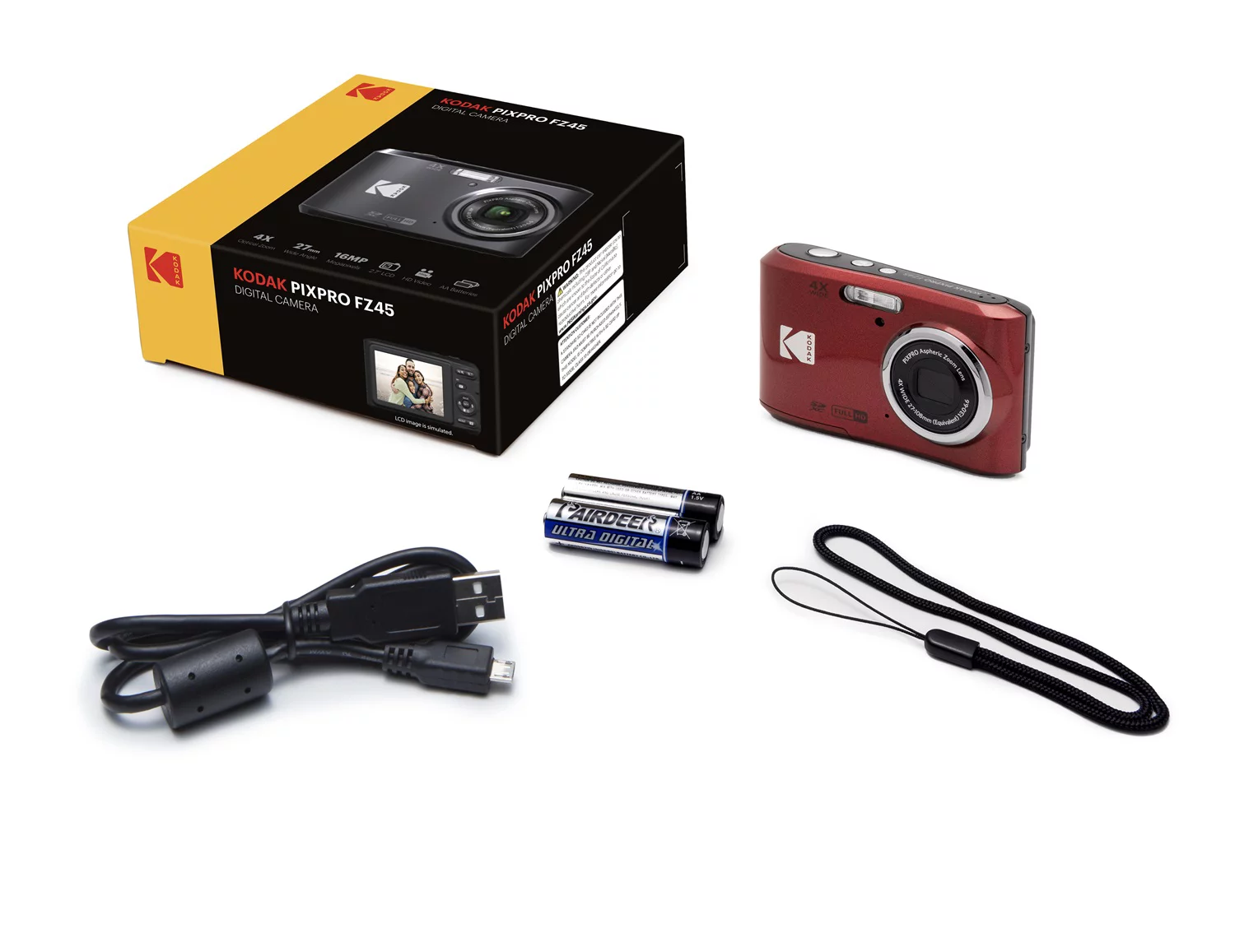 Kodak PIXPRO FZ45 Digital Camera (Red) + Black Point & Shoot Camera Case + Transcend 64GB SD Memory Card + Tri-fold Memory Card Wallet + Hi-Speed SD USB Card Reader + More!