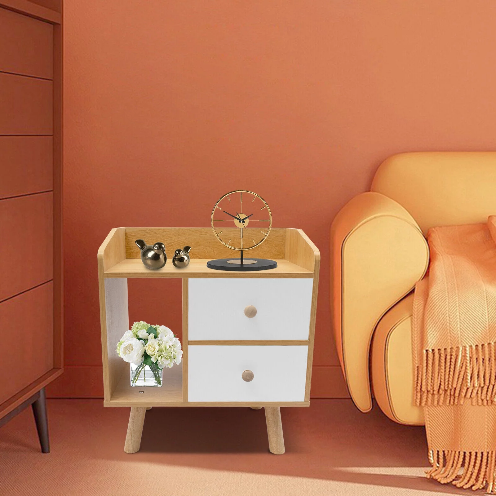 Modern Bedside Table with 2-Drawers Nightstand Wood End Table Bedroom Storage Cabinet