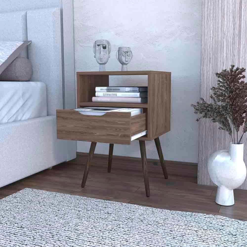 Nightstand , Open Shelf, Single Drawer - Dark Walnut