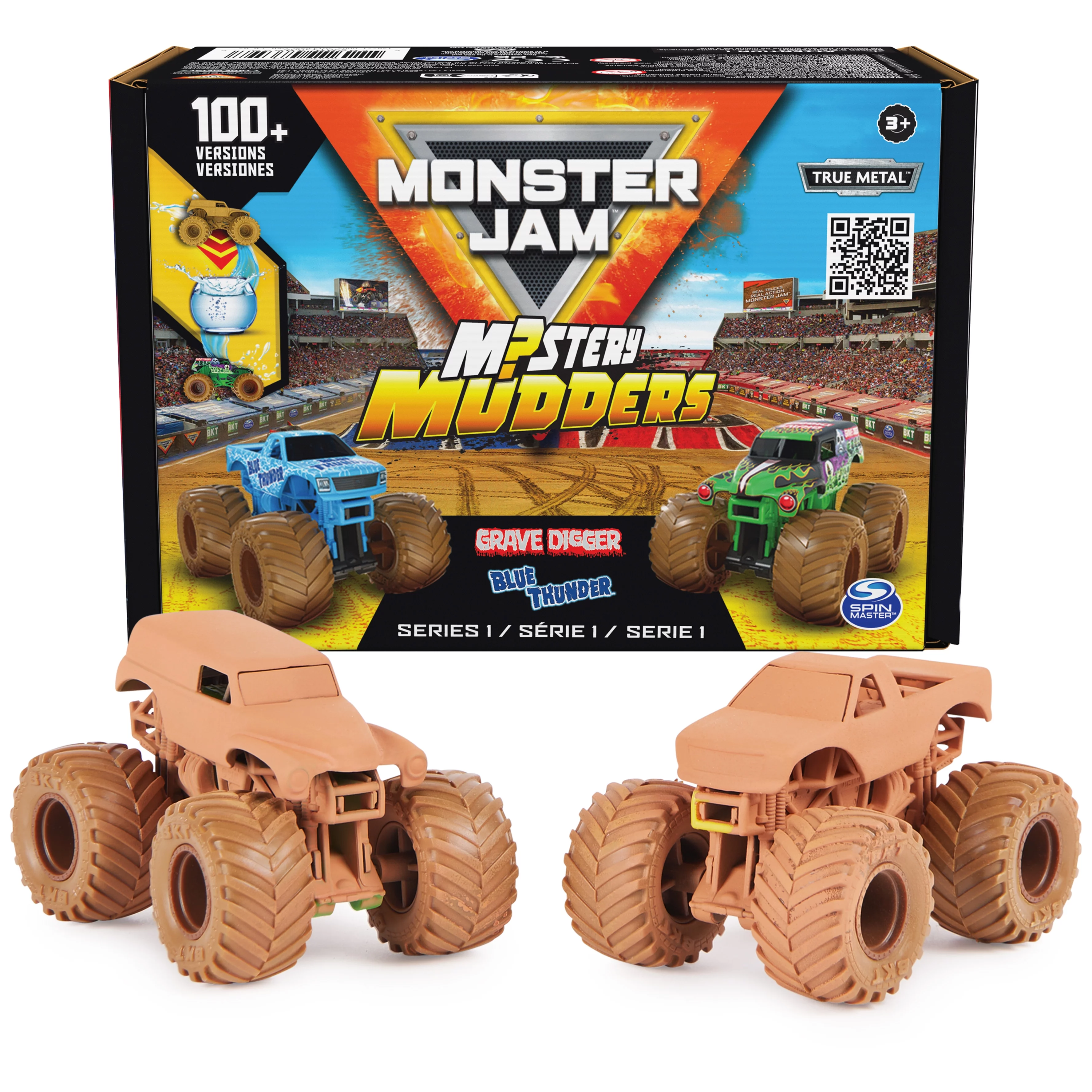 Monster Jam, Mystery Mudders 2-Pack Monster Trucks, Official  1:64 Grave Digger and Blue Thunder Die-Cast Vehicles,  Wash to Reveal (Styles Will Vary)