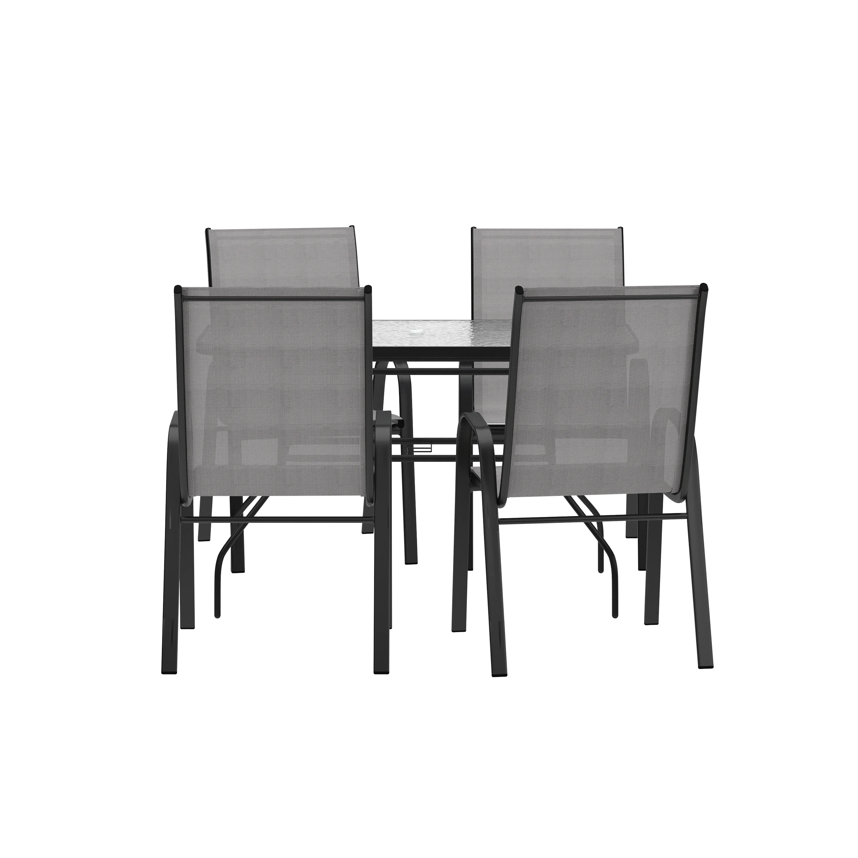 Flash Furniture 5 Piece Commercial Grade Patio Dining Set with Tempered Glass Patio Table with 4 Chairs with Gray Flex Comfort Material Seats and Backs