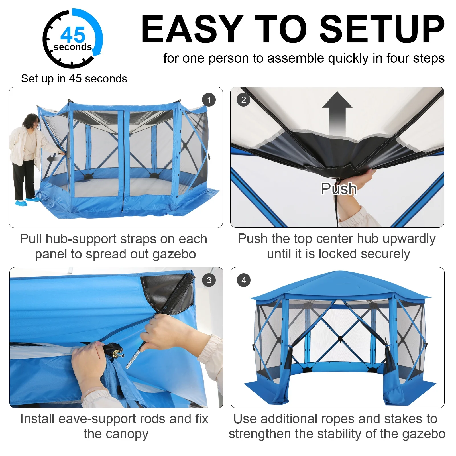 Hoteel 12x12 Pop Up Gazebo Propped-up Canopy Camping Tent with Mosquito Nettings, Waterproof, UV 50+ Resistant, Hub Tent Instant Screened Canopy with Mesh Windows, Carry Bag & Ground Stakes, Blue