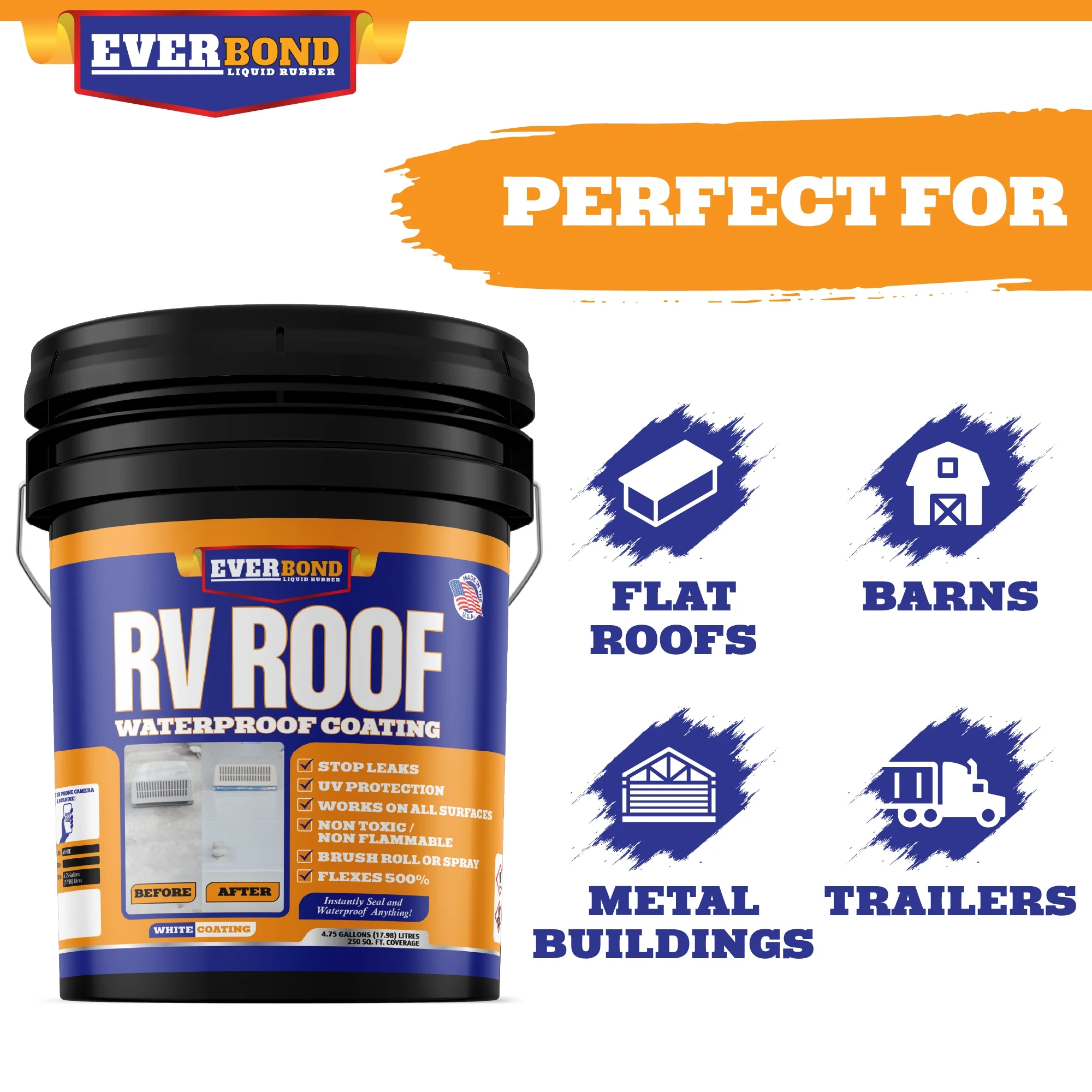 Everbond RV Roof Sealant - Liquid Rubber RV Roof Coating - UV Resistant White Waterproof Coating - 4.75 Gallon