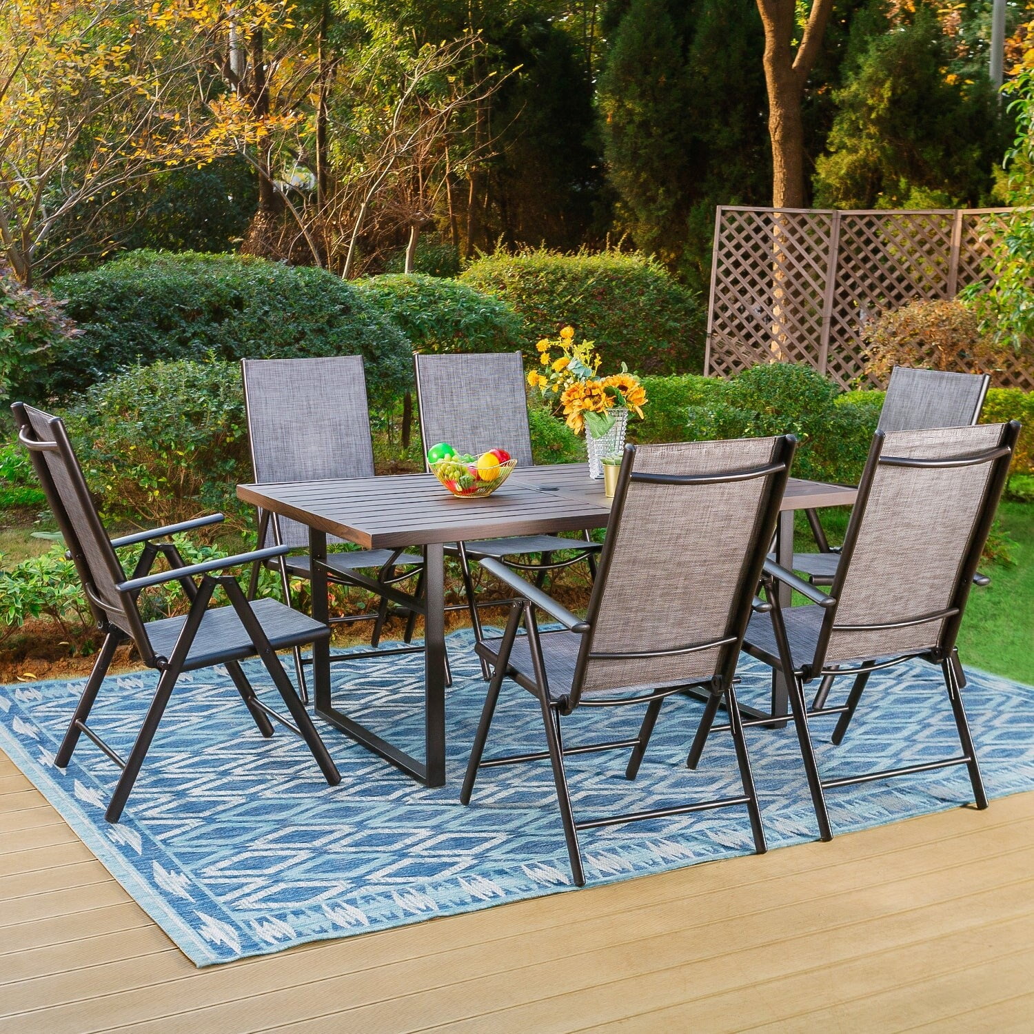 7-Piece Patio Dining Sets Matte Wood-grain Table & Textilene Foldable Chairs Grey