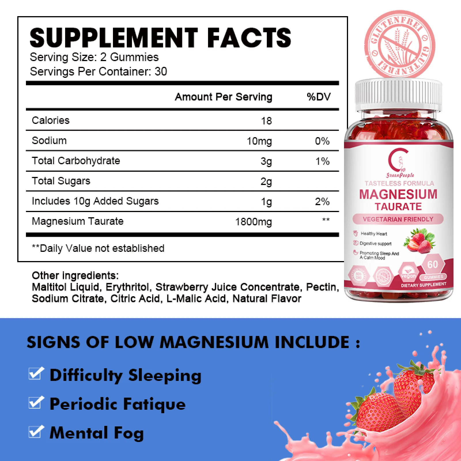 Magnesium Taurate Supplement 1800mg,Supports Heart Health, Muscles Function, Mood Support,60 Gummies