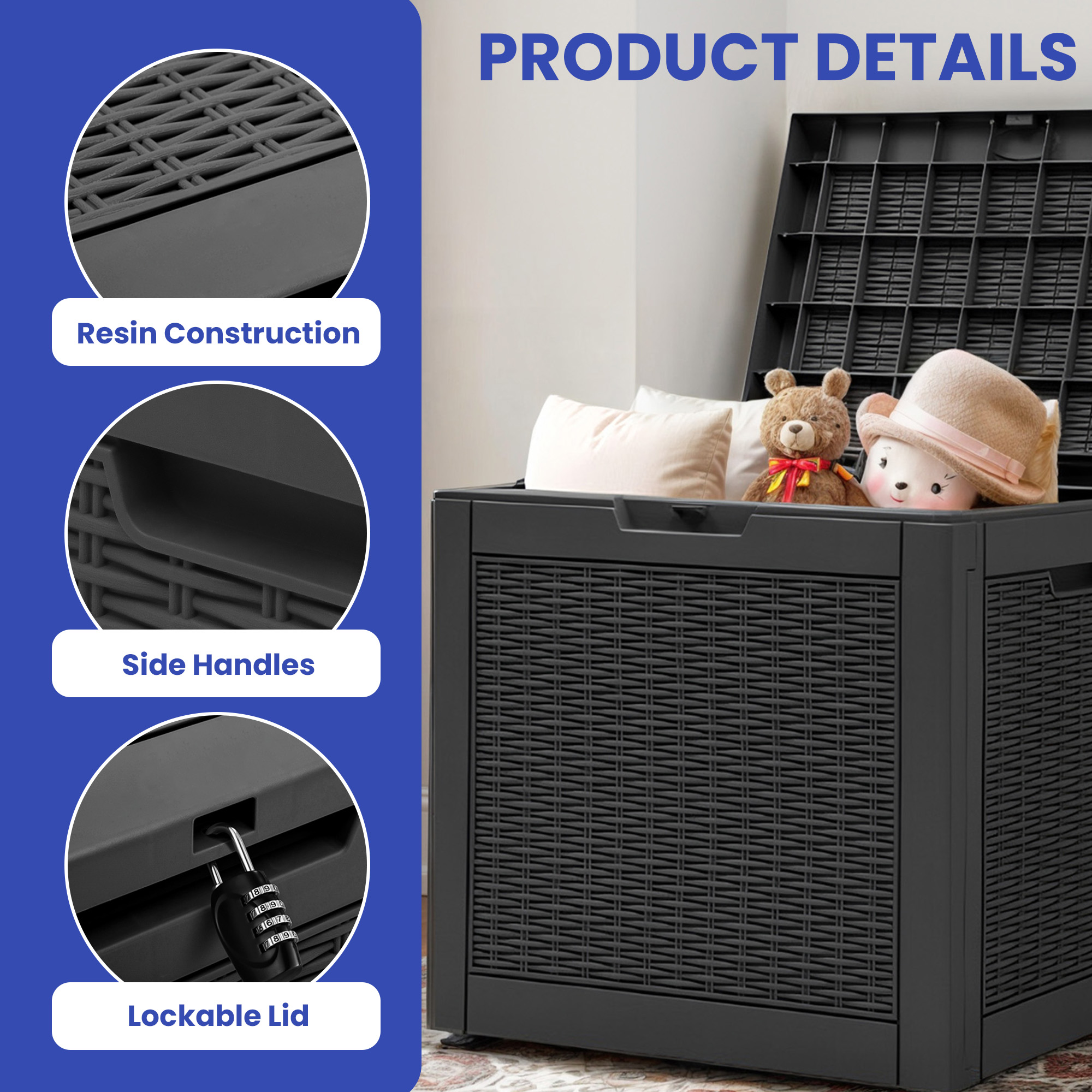 ModFusion Waterproof Resin Rattan 32 Gallon Deck Box with Lockable Lid - Black