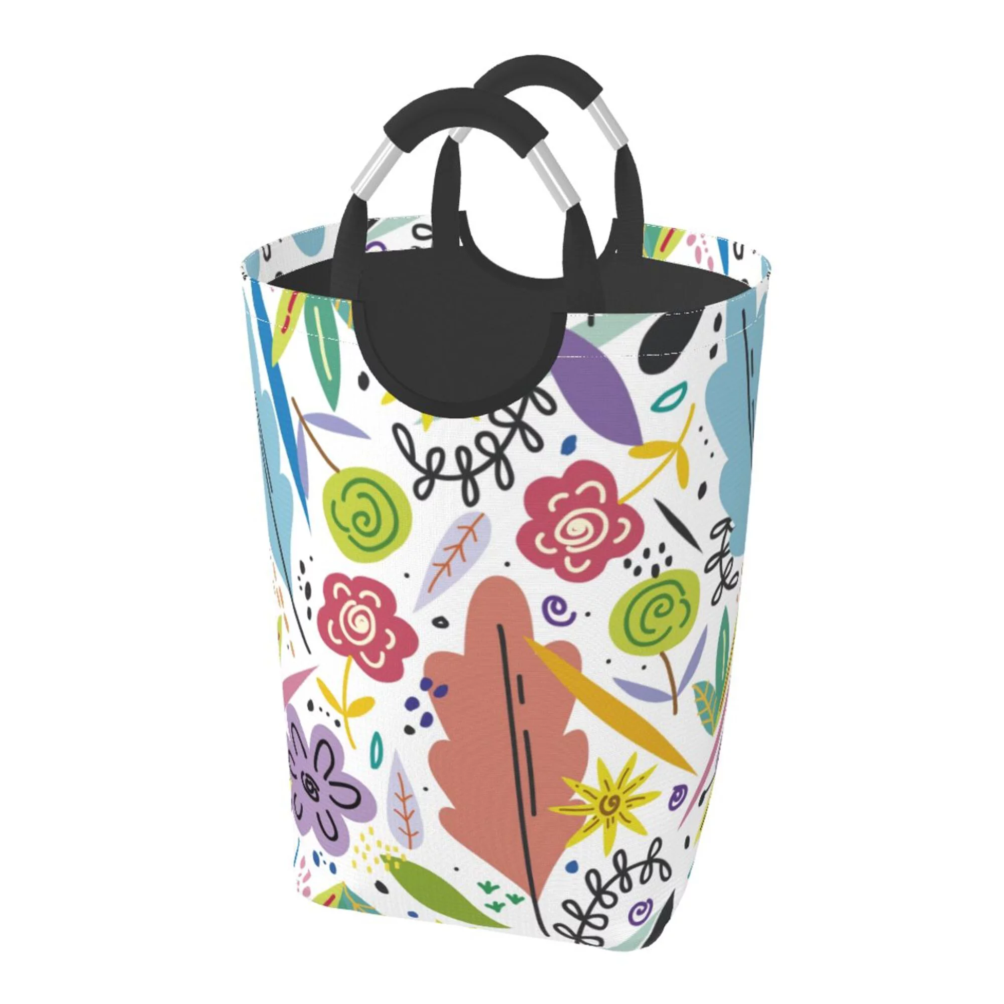 TEQUAN 50L Large Rectangular Laundry Hamper with Aluminum Handles, Colorful Floral Spring Prints Waterproof Foldable Dirty Clothes Basket