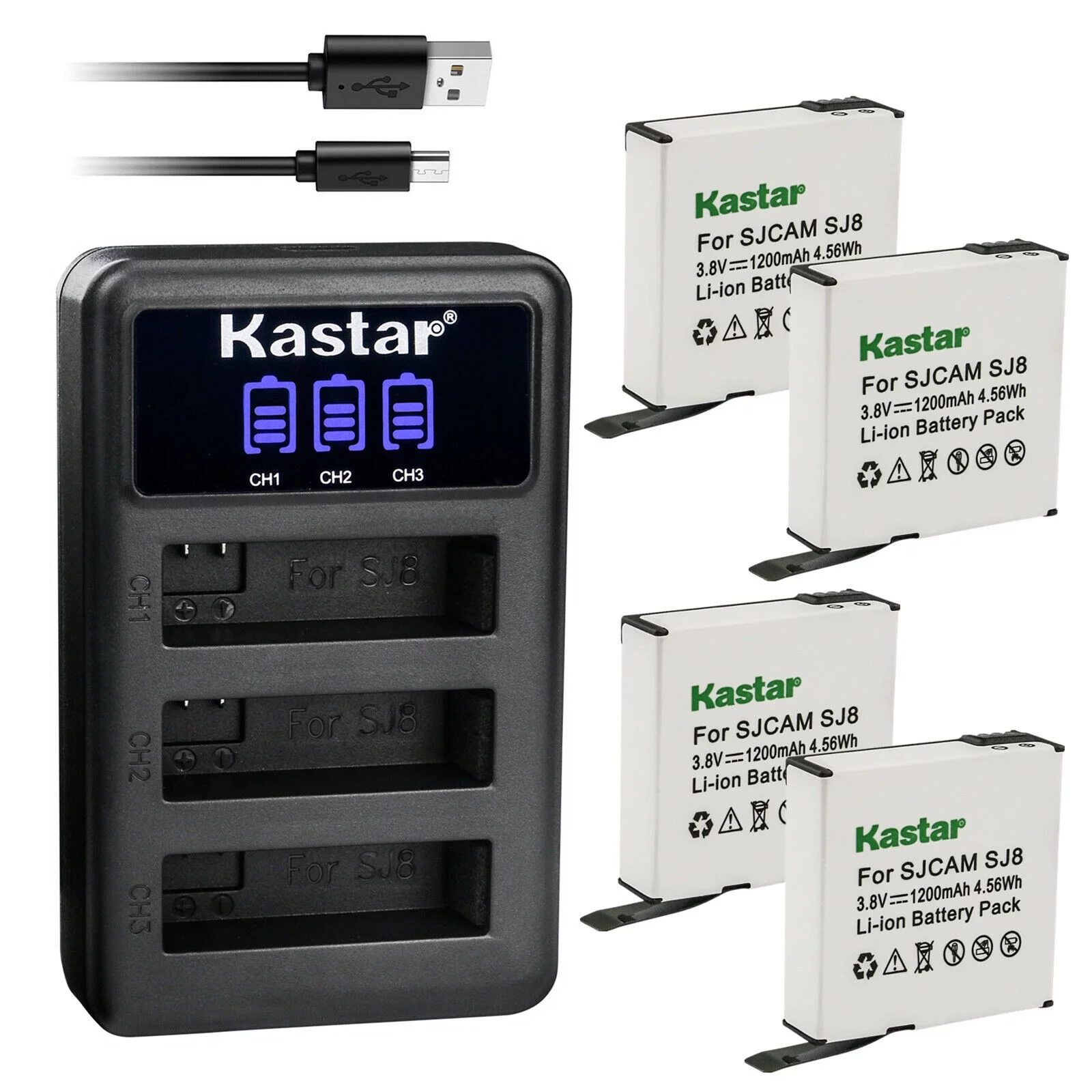Kastar 4 Pack SJ8 Battery and LCD Triple USB Charger Compatible with SJCAM SJ8 Star, SJCAM SJ8B Battery, SJCAM SJ8 Star 4K Ultra HD Action Camera, SJCAM SJ8 Star Sport Camera