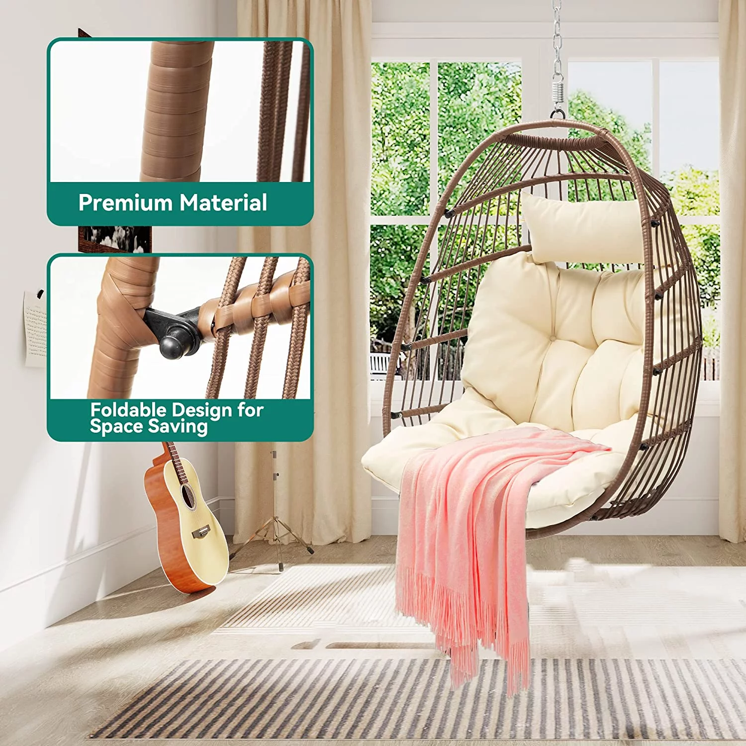 Dextrus Hanging Egg Swing Chair Without Stand UV Resistant Cushion 350lbs , Beige