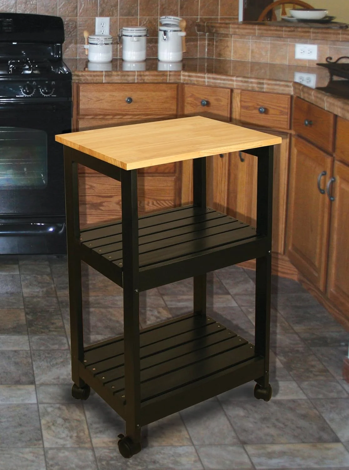 ZWNLKQG Utility Kitchen Cart  Black Base Natural Top