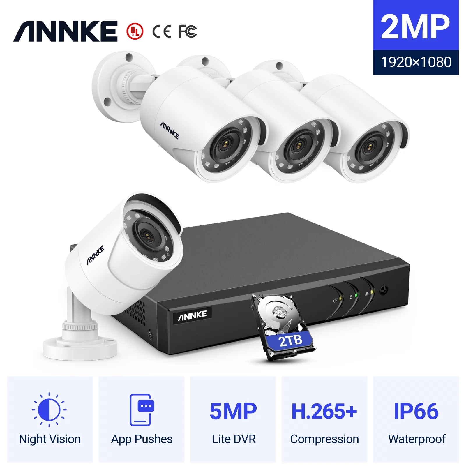 ANNKE 8CH 4PCS 1080P Outdoor CCTV Video Home Security Camera System Surveillance Wired Kits with 2T HDD