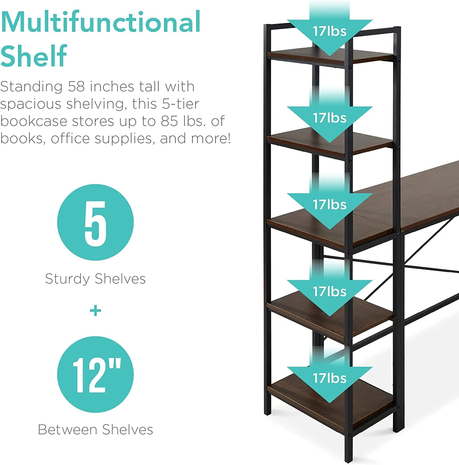 L-Shaped Corner Computer Desk, Large Study Workstation Furniture w/Multifunctional 5-Tier Open Storage Bookshelves, Custom Setup for Home, Office - Brown/Black