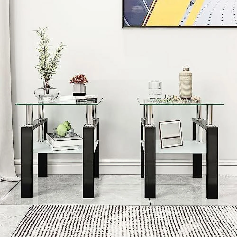 JDZHAPPYLIFE Glass End Table  Modern Side Tables White Small Coffee Table Living Room Table Square Nightstand  Tempered Glass Top Home  (White  2 pcs)