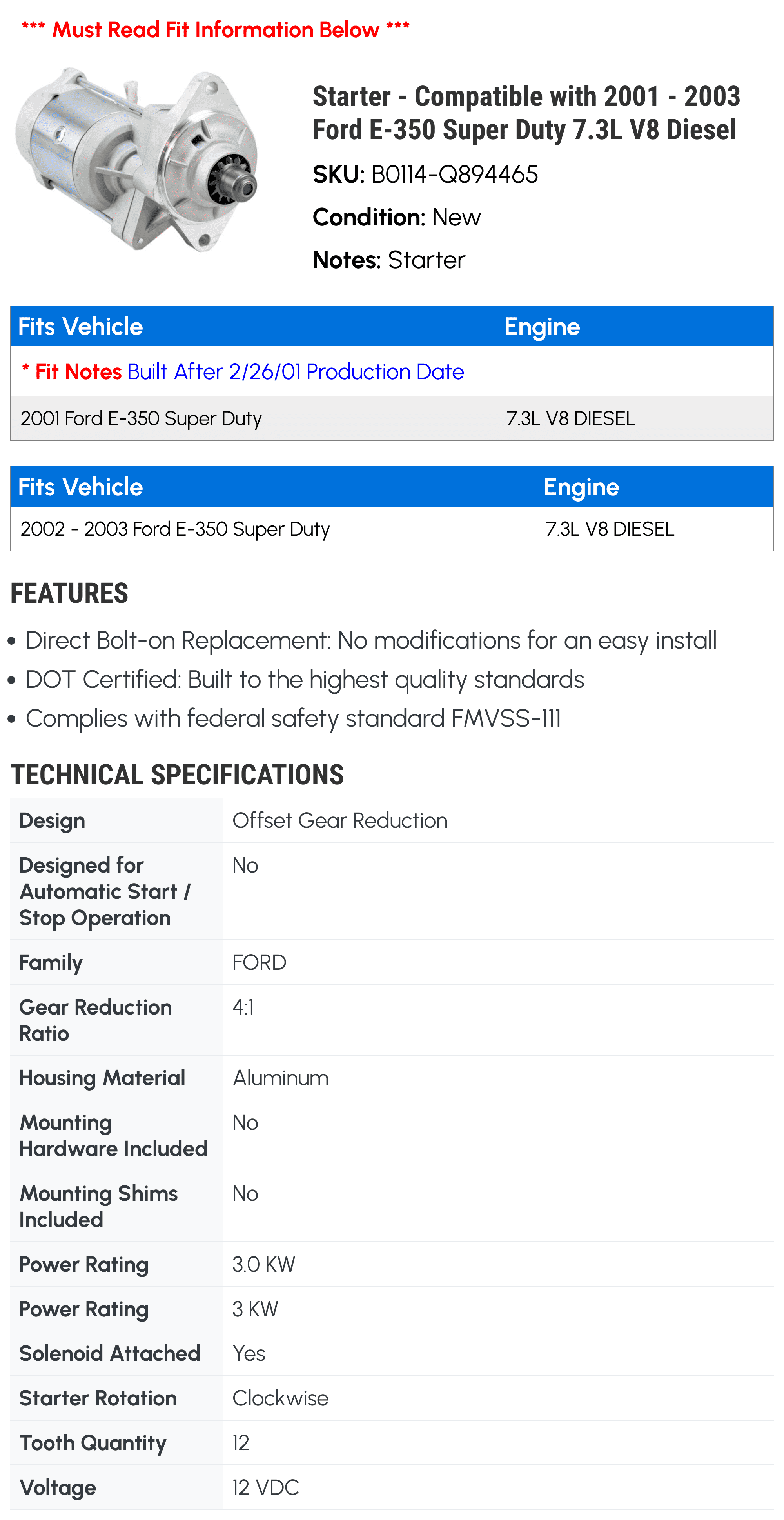 Starter - Compatible with 2001 - 2003 Ford E-350 Super Duty 7.3L V8 Diesel 2002