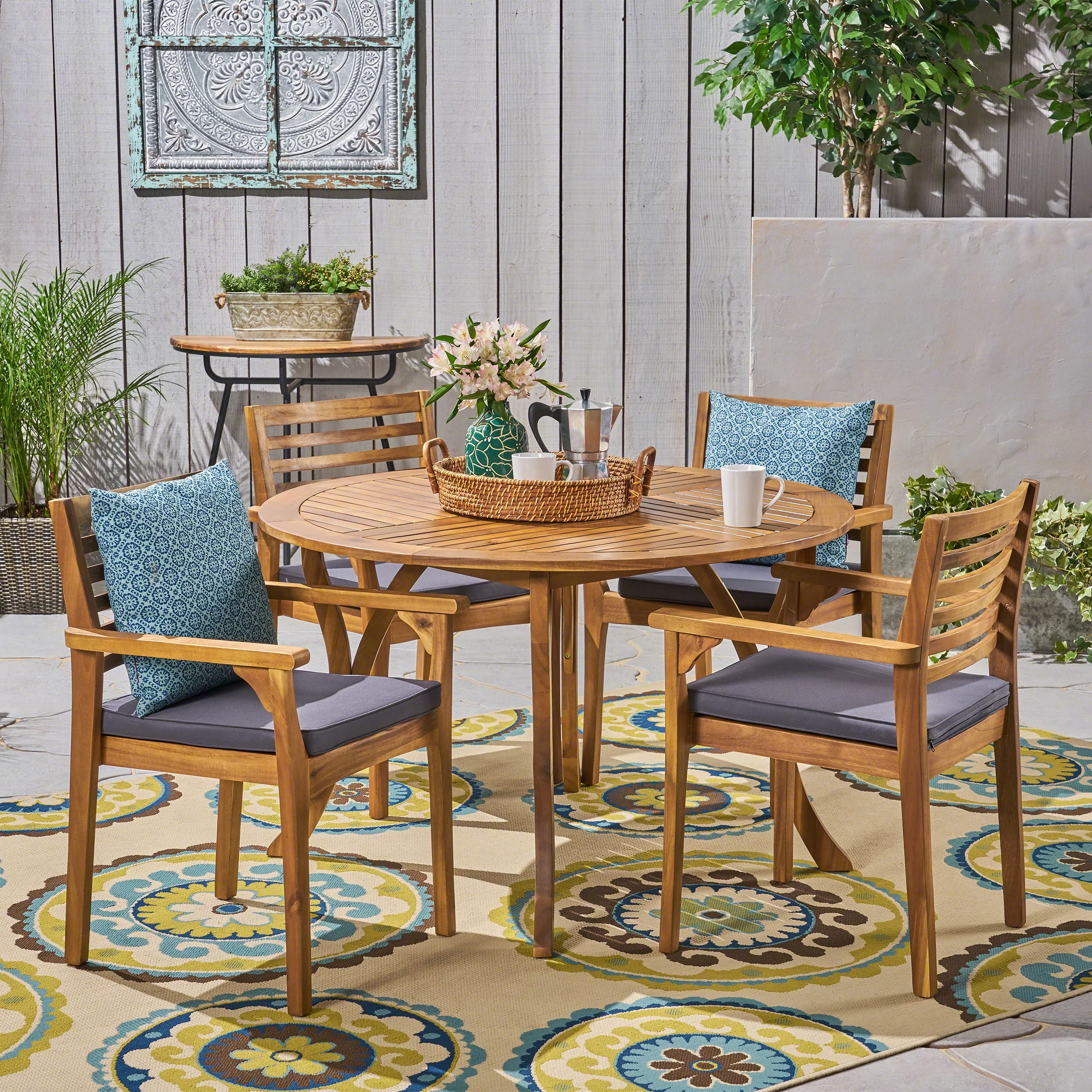 GDF Studio Leo Outdoor Acacia Wood 5 Piece Dining Set with Cushion, Teak and Dark Gray