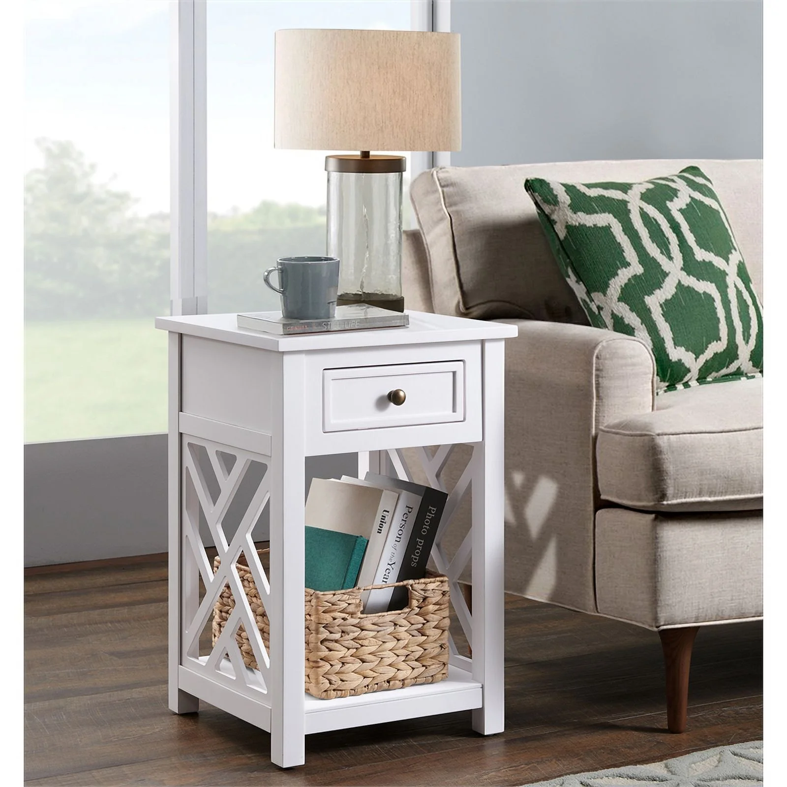 Home Square Wood End Table with Drawer and Shelf in White - Set of 2