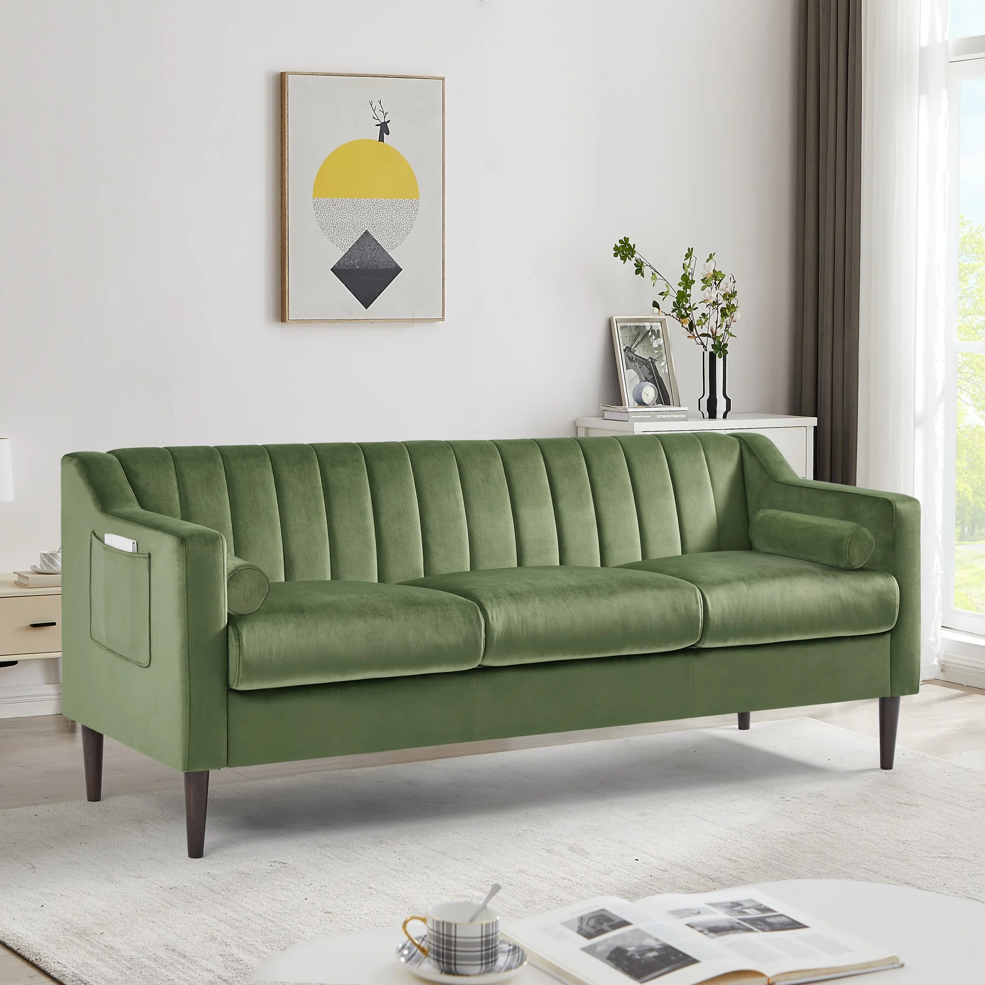 Ufurpie 76 inch 3-Seater Velvet Sofa Couch,Mid Century Modern Chesterfield Sofa with 2 Bolster Pillows for Living Room/Bedroom/Office,Green