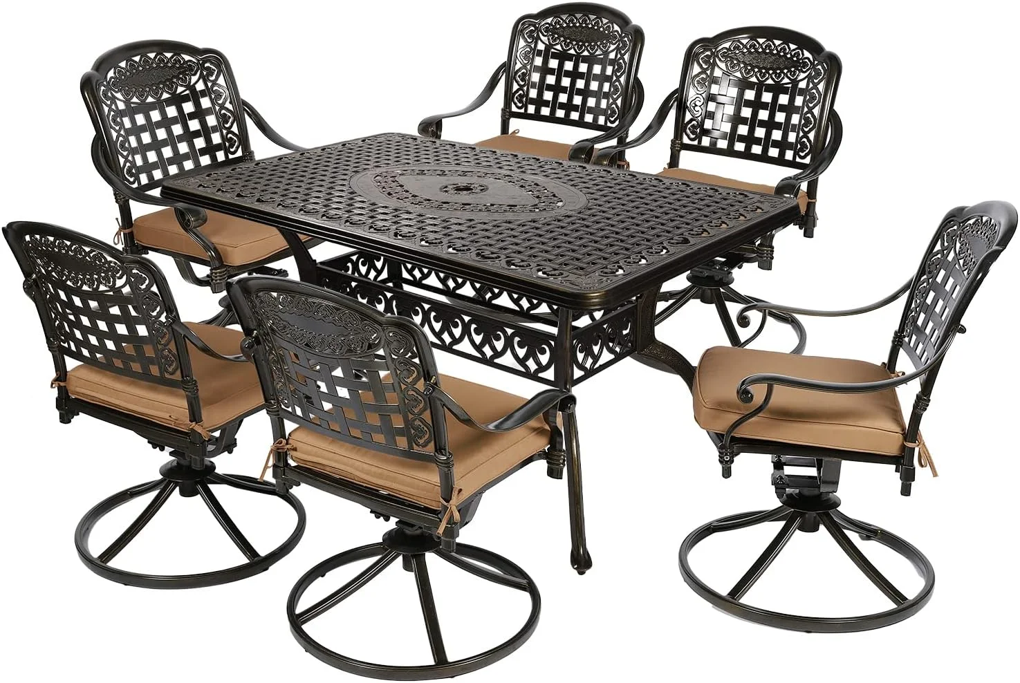 VIVIJASON 7-Piece Outdoor Furniture Dining Set, All-Weather Cast Aluminum Patio Conversation Set, Include 6 Swivel Dining Chairs and a Rectangle Table with Umbrella Hole for Lawn Garden Backyard