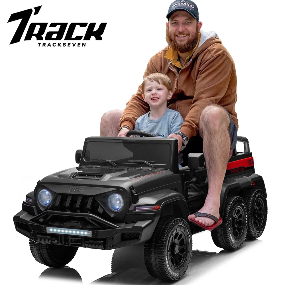 Track 7 24V Ride on Car, 4WD Electric Car for Boys Girls Age 3+, 6 Wheels Ride on Car with Remote Control, Music, Lights, Rocking Mode, Storage Box, Black