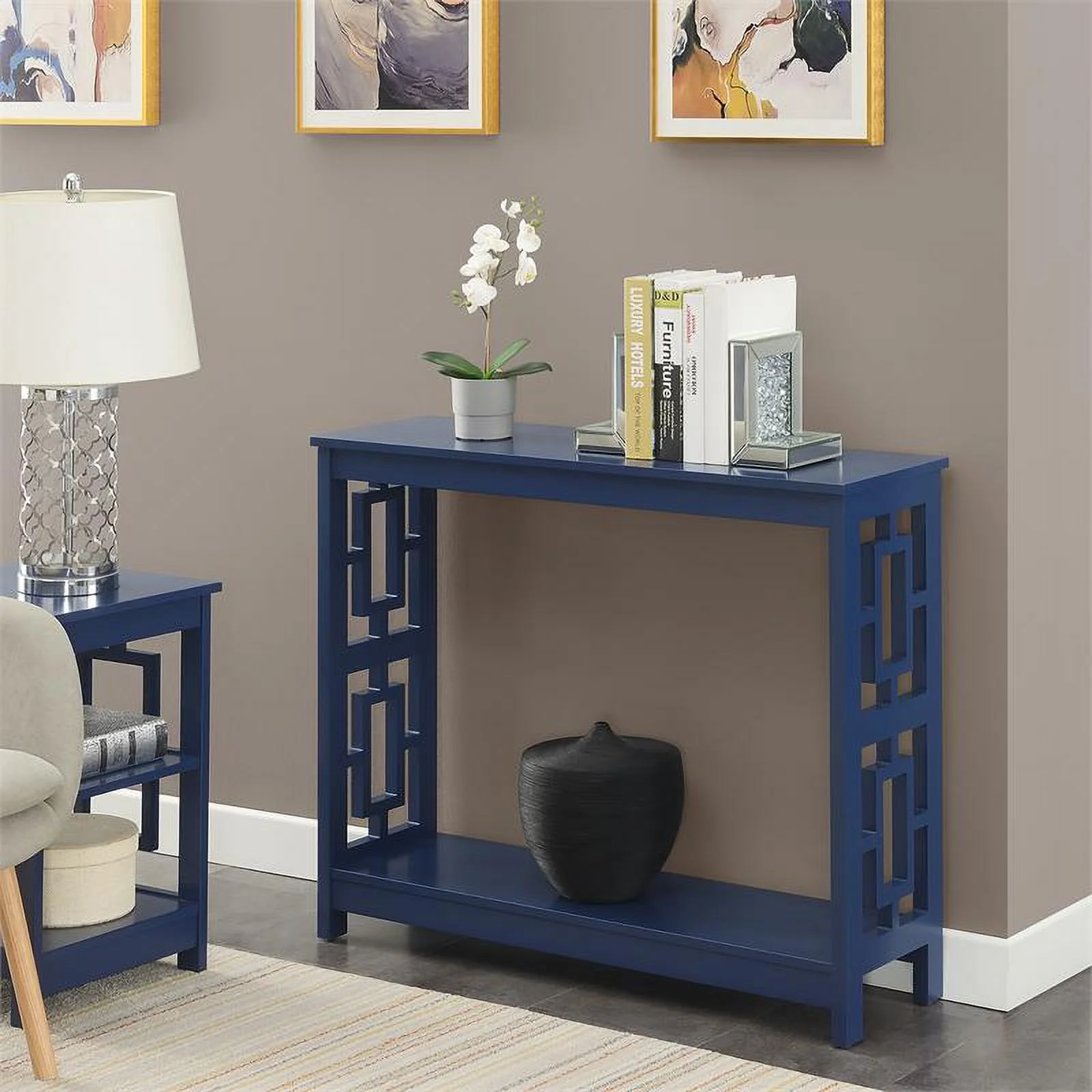 Pemberly Row Modern Console Table with Shelf in Cobalt Blue Wood